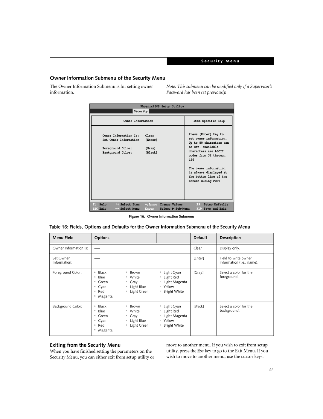 Fujitsu C-6651, C-7661, C-7651 manual Exiting from the Security Menu, Owner Information Submenu of the Security Menu 