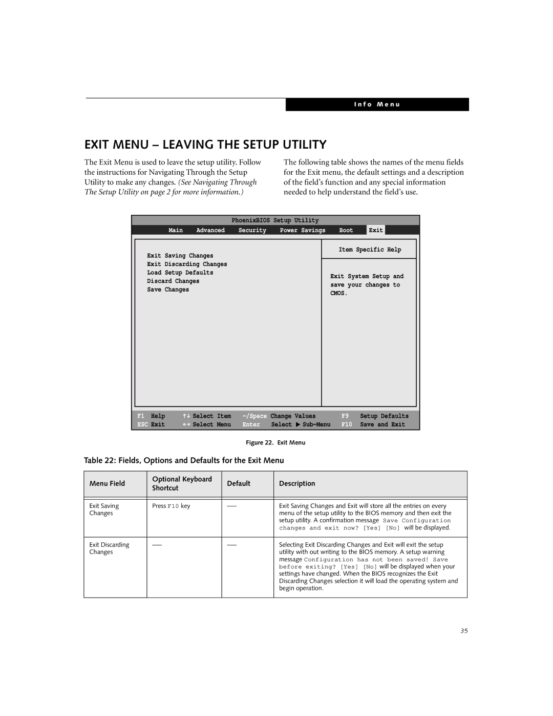 Fujitsu C-7651, C-6651, C-7661 manual Exit Menu Leaving the Setup Utility, Fields, Options and Defaults for the Exit Menu 