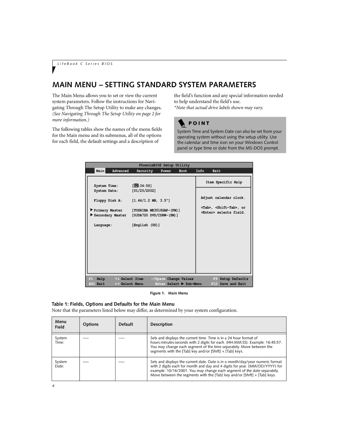 Fujitsu C-7661, C-6651, C-7651 Main Menu Setting Standard System Parameters, Fields, Options and Defaults for the Main Menu 