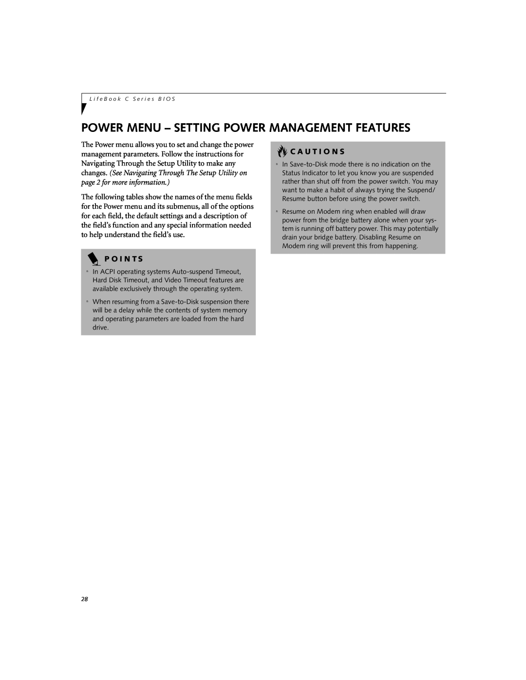 Fujitsu C-7661, C-6651, C-7651 manual Power Menu - Setting Power Management Features, C A U T I O N S, P O I N T S 