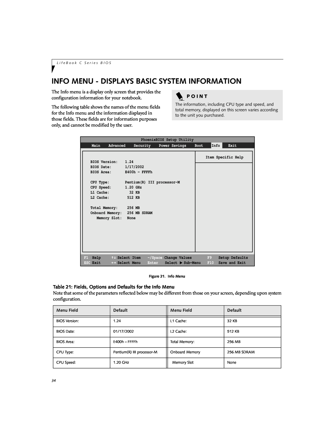 Fujitsu C-7661 Info Menu - Displays Basic System Information, Fields, Options and Defaults for the Info Menu, P O I N T 