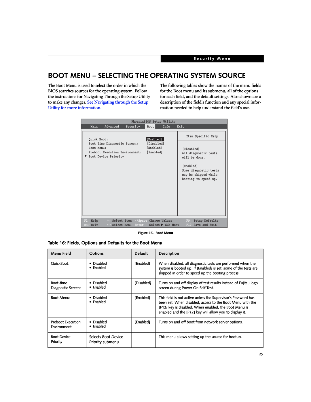 Fujitsu C1320D manual Boot Menu - Selecting The Operating System Source, Fields, Options and Defaults for the Boot Menu 
