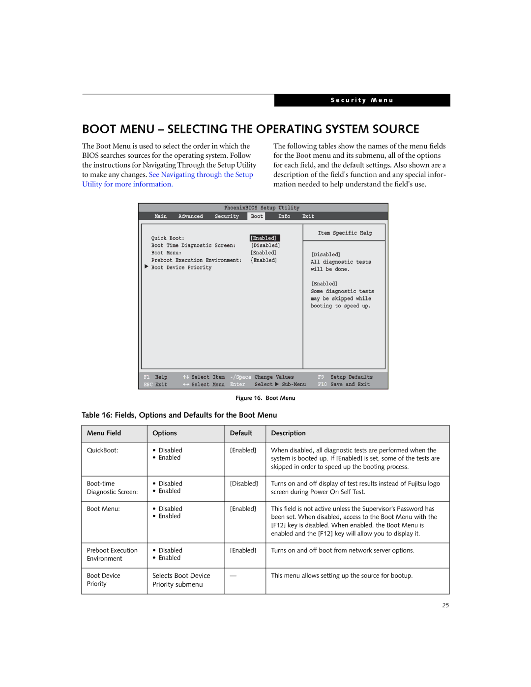 Fujitsu C1320D manual Boot Menu Selecting the Operating System Source, Fields, Options and Defaults for the Boot Menu 