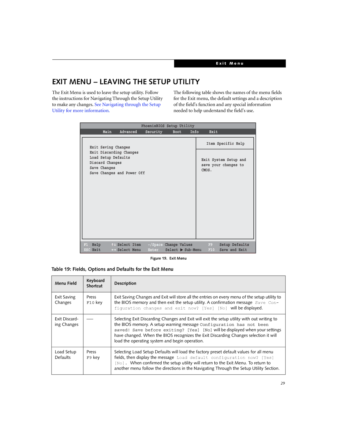 Fujitsu C1320D manual Exit Menu Leaving the Setup Utility, Fields, Options and Defaults for the Exit Menu 