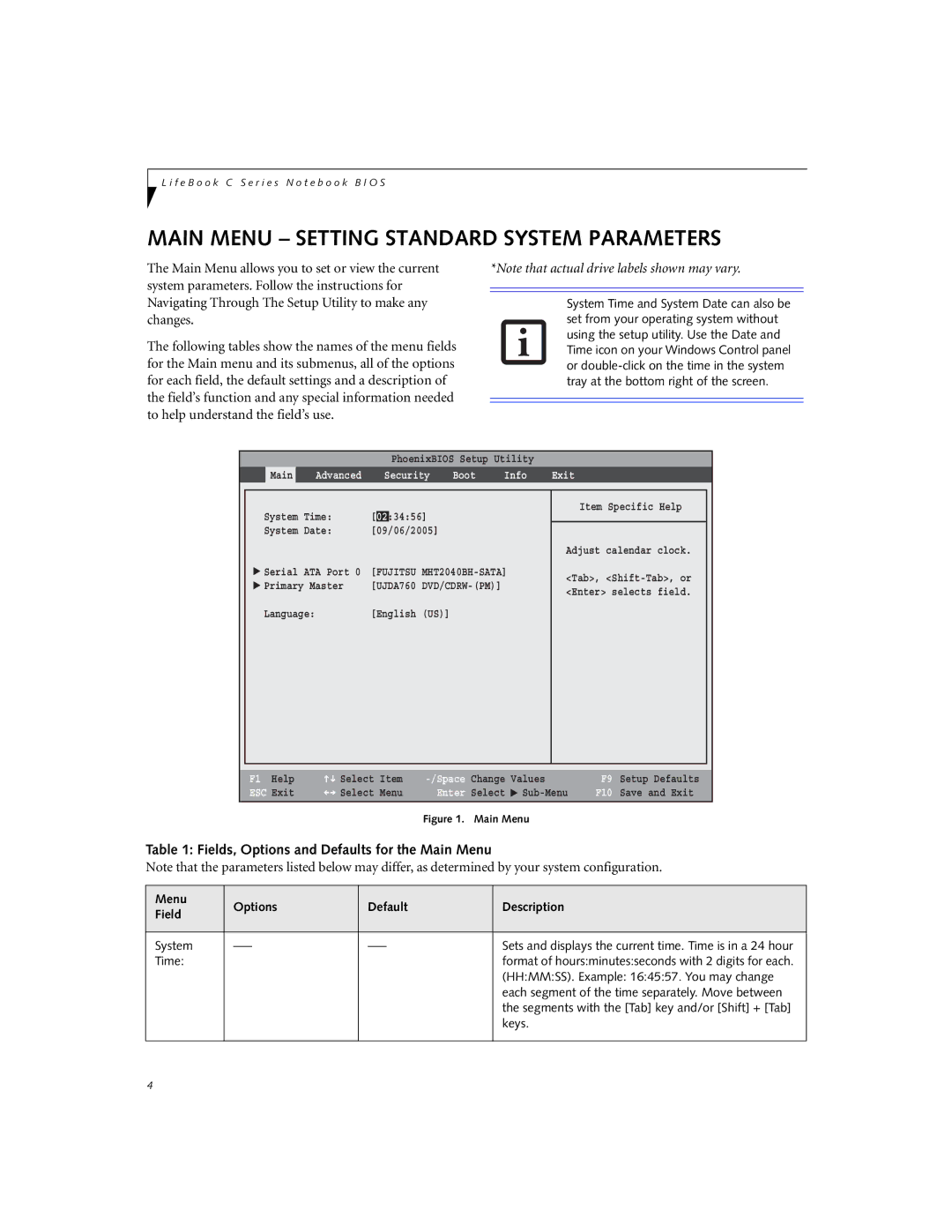 Fujitsu C1320D manual Main Menu Setting Standard System Parameters, Fields, Options and Defaults for the Main Menu 