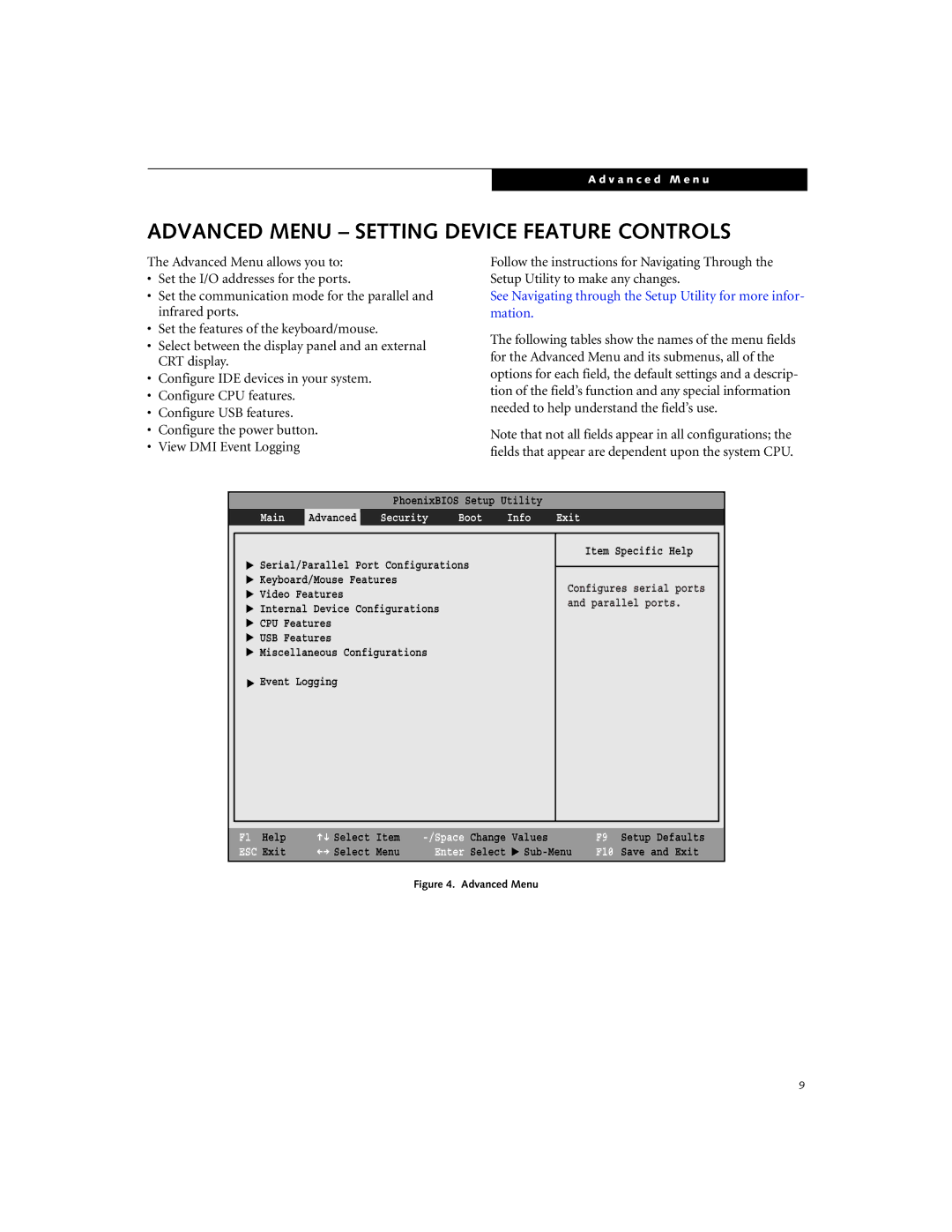 Fujitsu C1320D manual Advanced Menu Setting Device Feature Controls, Main Advanced Security Boot Info Exit, ESC Exit 