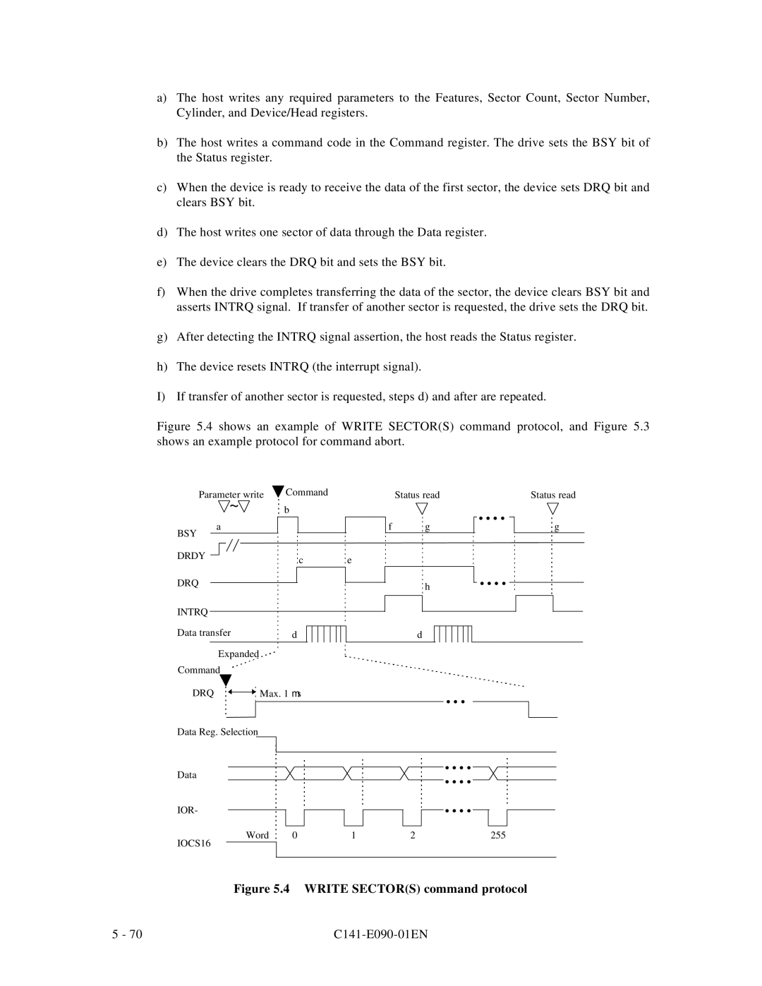 Fujitsu C141-E090-02EN manual Write Sectors command protocol 