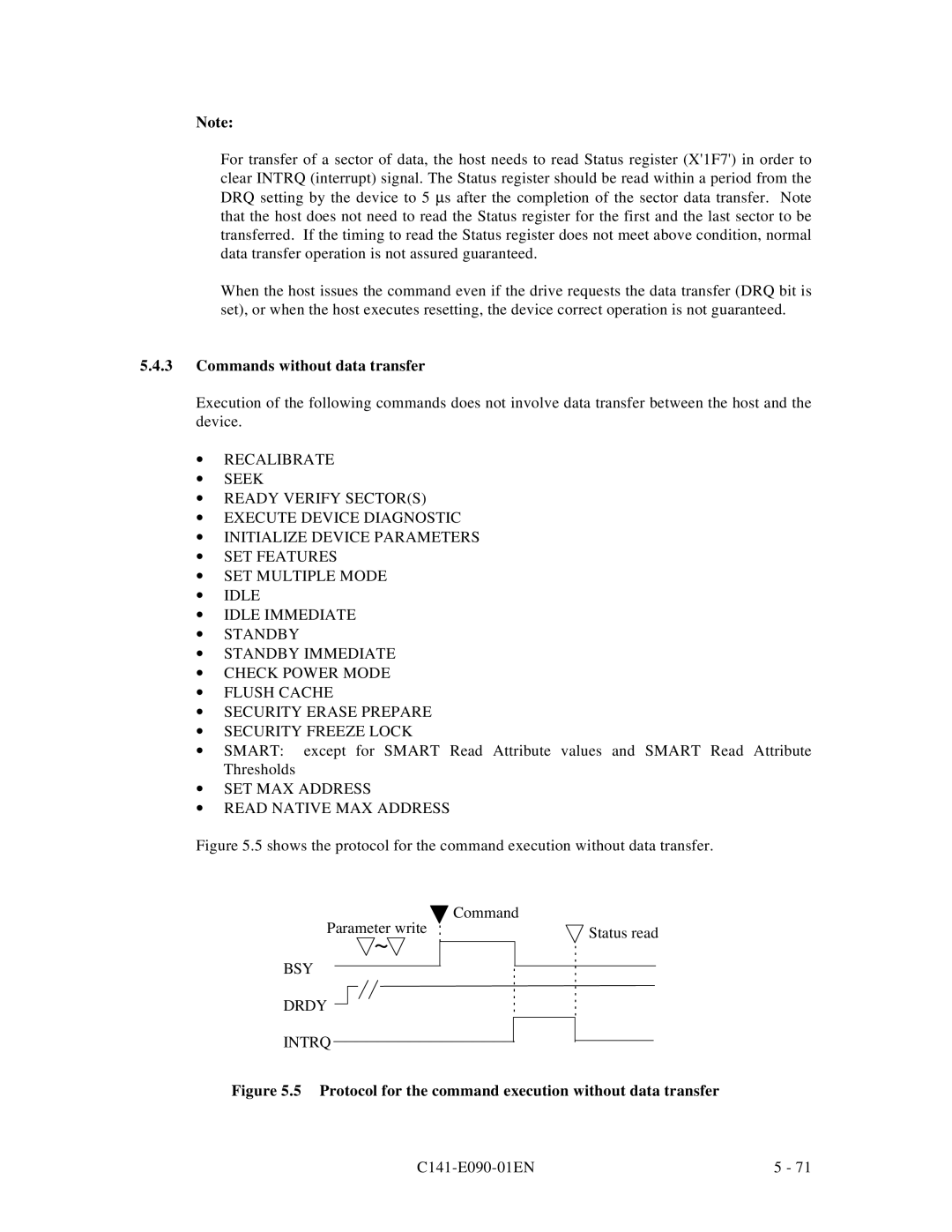 Fujitsu C141-E090-02EN manual Commands without data transfer, ∙ SET MAX Address ∙ Read Native MAX Address, BSY Drdy Intrq 