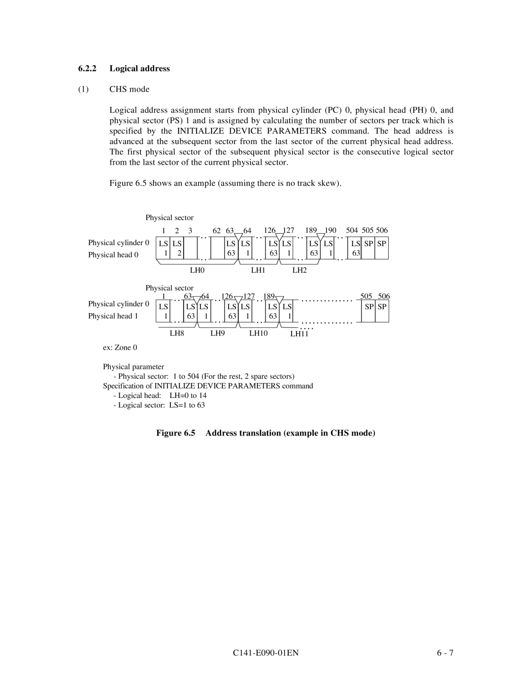 Fujitsu C141-E090-02EN manual Logical address, Address translation example in CHS mode 