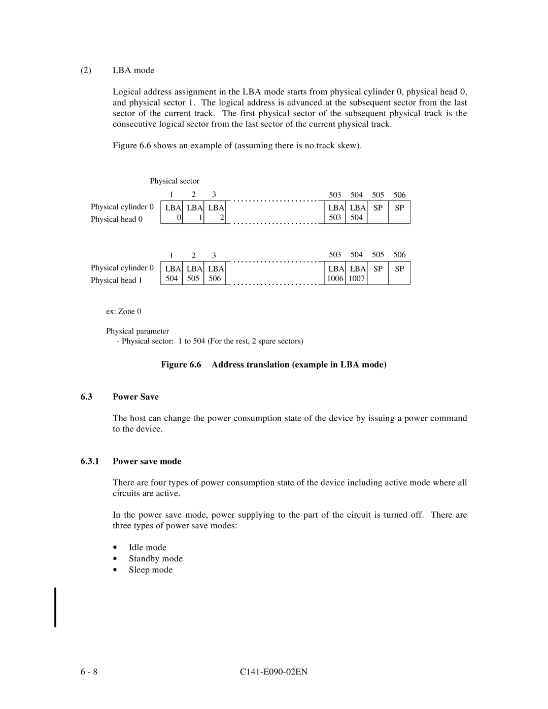 Fujitsu C141-E090-02EN manual Address translation example in LBA mode Power Save, Power save mode 