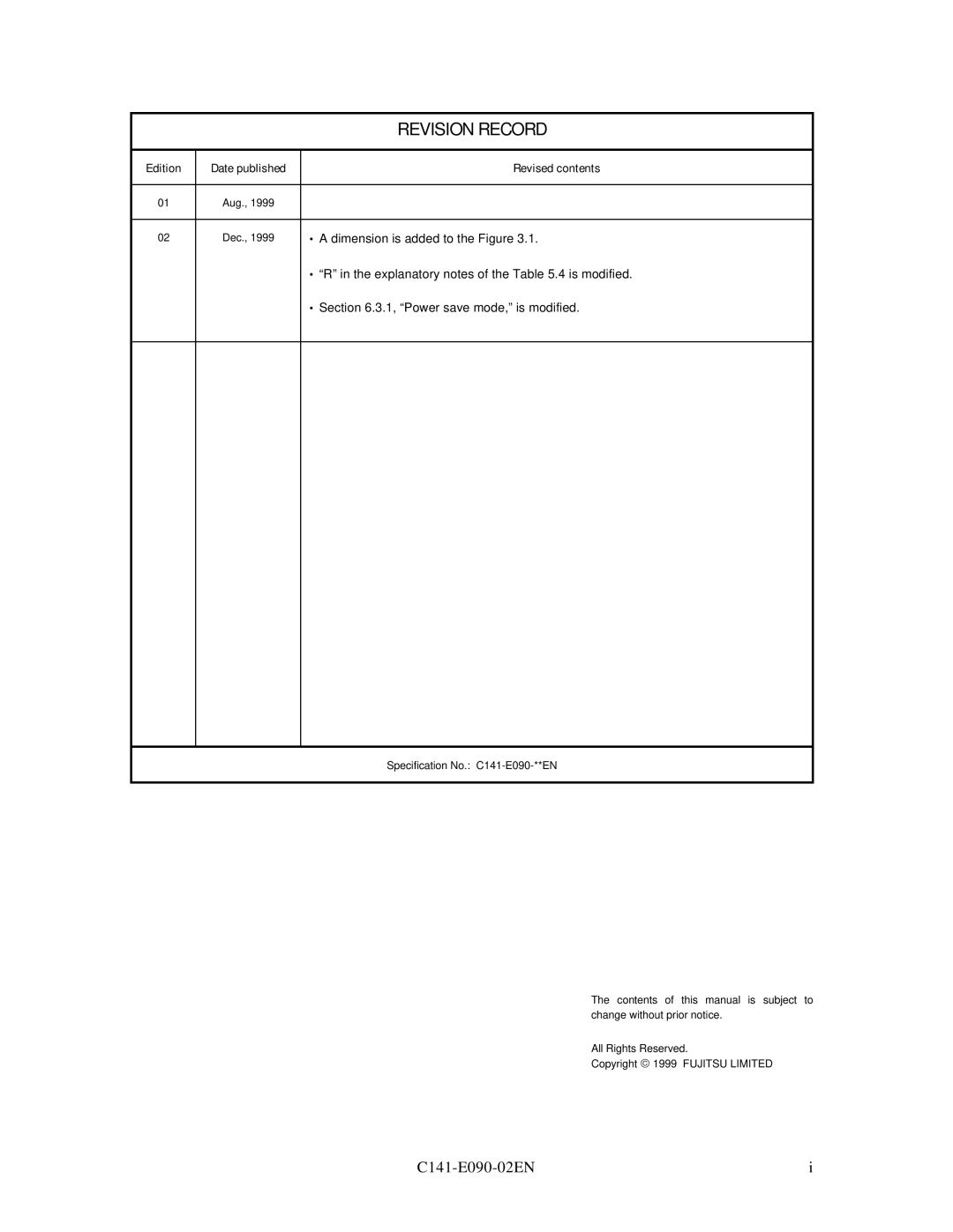 Fujitsu C141-E090-02EN manual Revision Record 