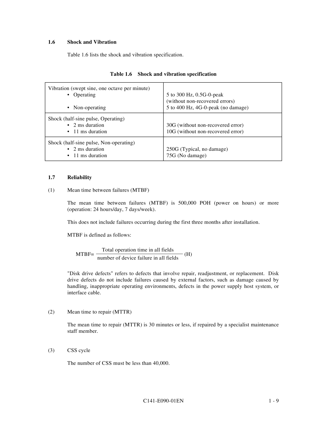 Fujitsu C141-E090-02EN manual Shock and Vibration, Shock and vibration specification 