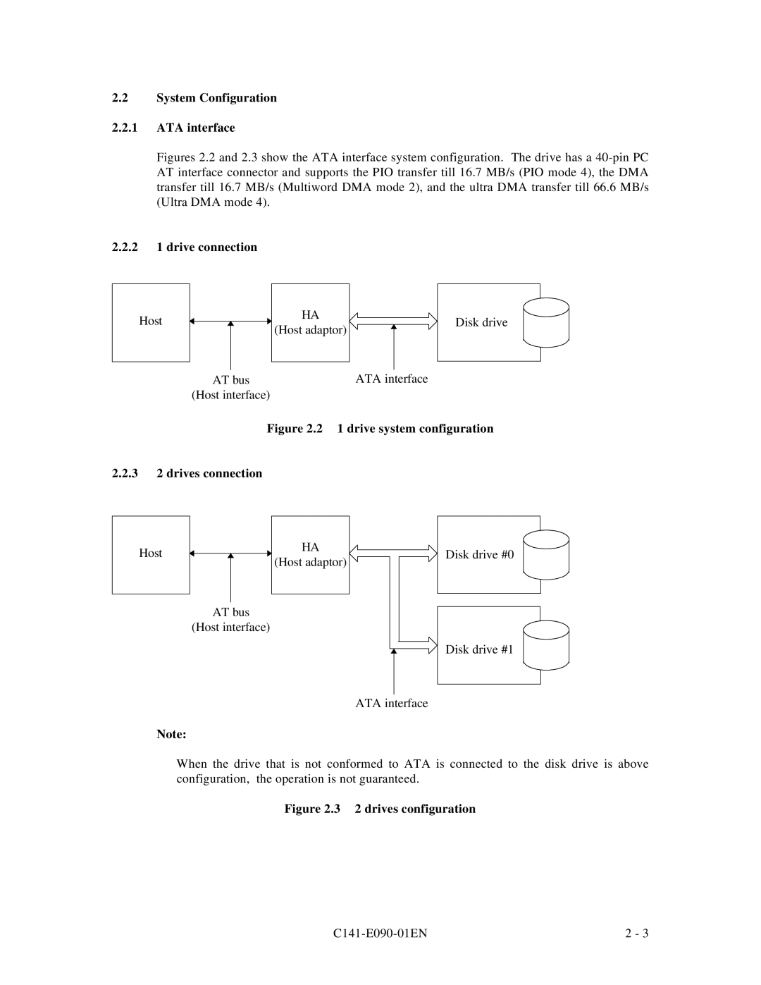 Fujitsu C141-E090-02EN manual System Configuration ATA interface, 2 1 drive connection 