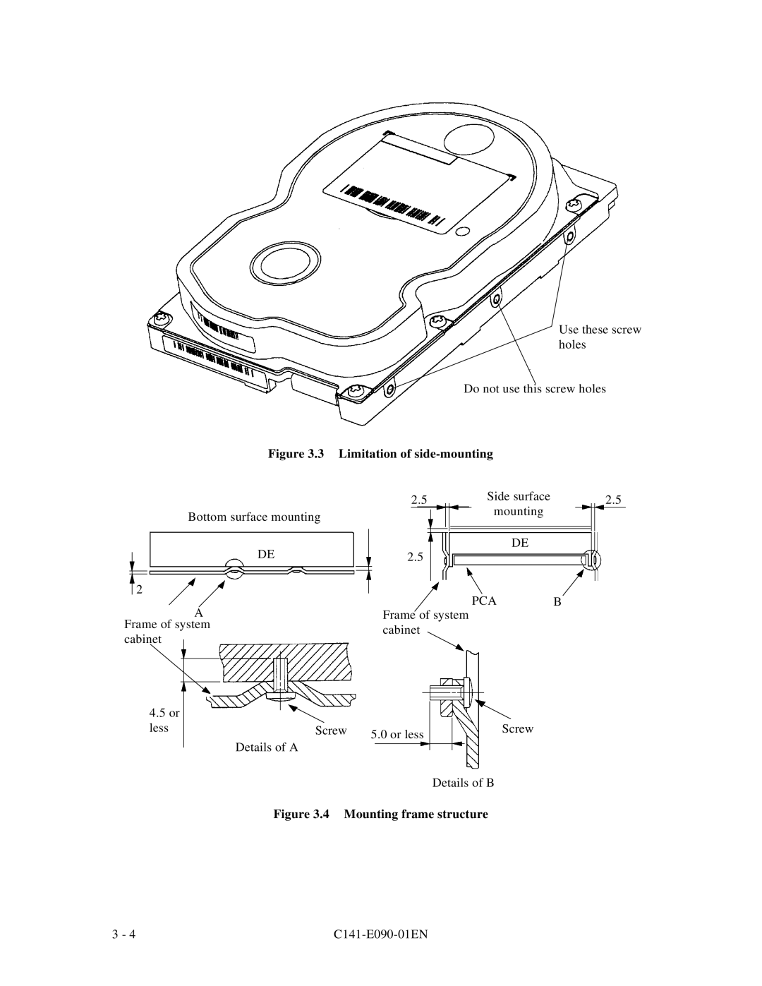 Fujitsu C141-E090-02EN manual Limitation of side-mounting, Pca 