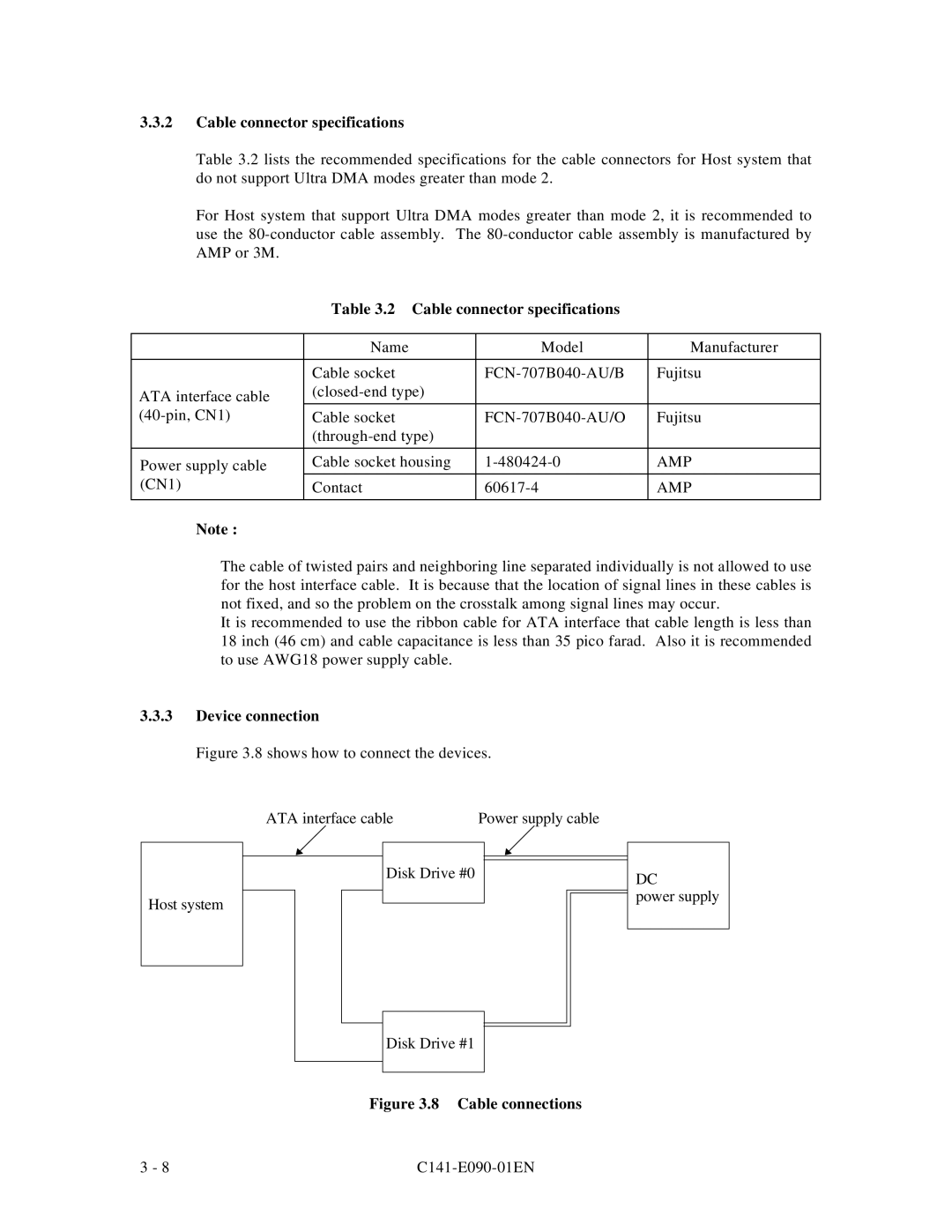 Fujitsu C141-E090-02EN manual Cable connector specifications, Amp, Device connection 