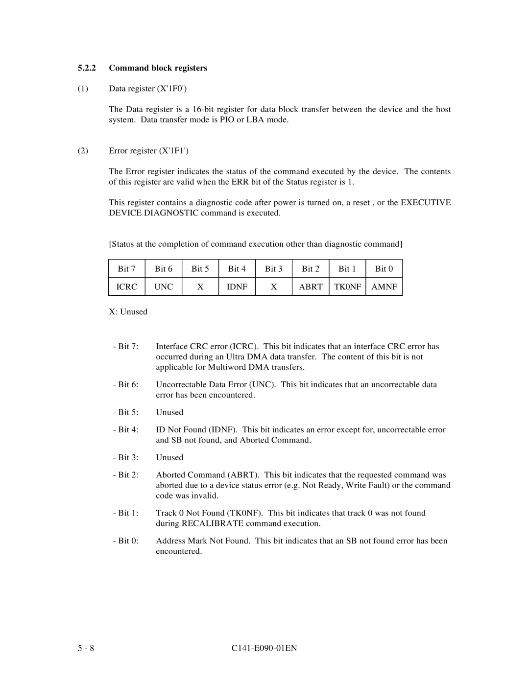 Fujitsu C141-E090-02EN manual Command block registers, Icrc UNC Idnf Abrt TK0NF Amnf 