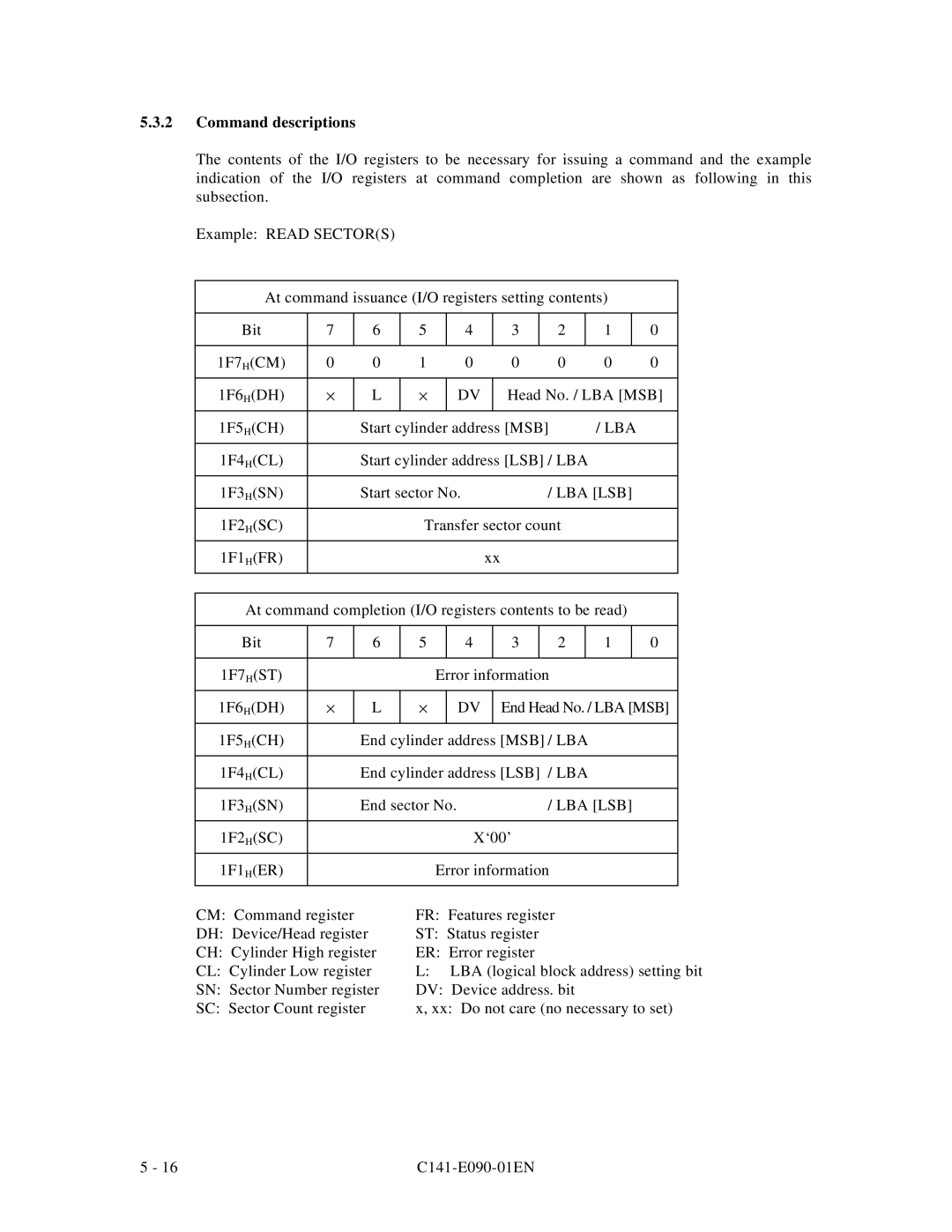 Fujitsu C141-E090-02EN manual Command descriptions, Lba Lsb 