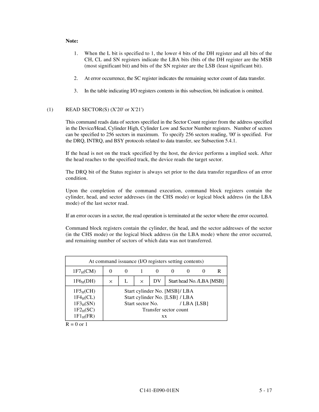 Fujitsu C141-E090-02EN manual 1F2 HSC Transfer sector count 1F1 HFR = 0 or C141-E090-01EN 