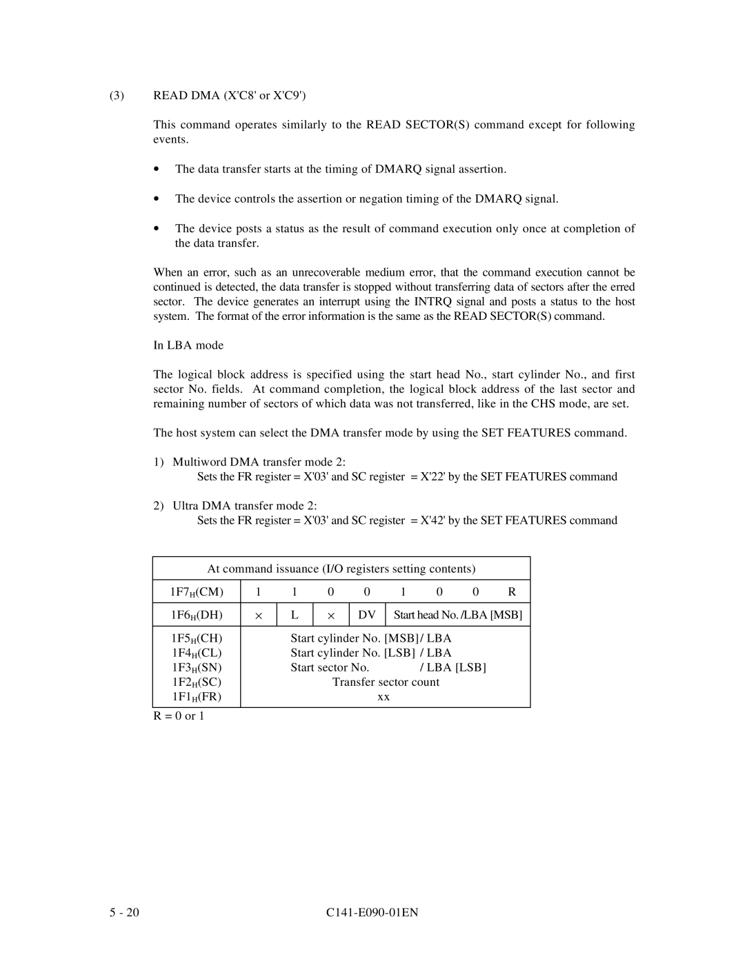 Fujitsu C141-E090-02EN manual 1F2 HSC Transfer sector count 1F1 HFR = 0 or C141-E090-01EN 