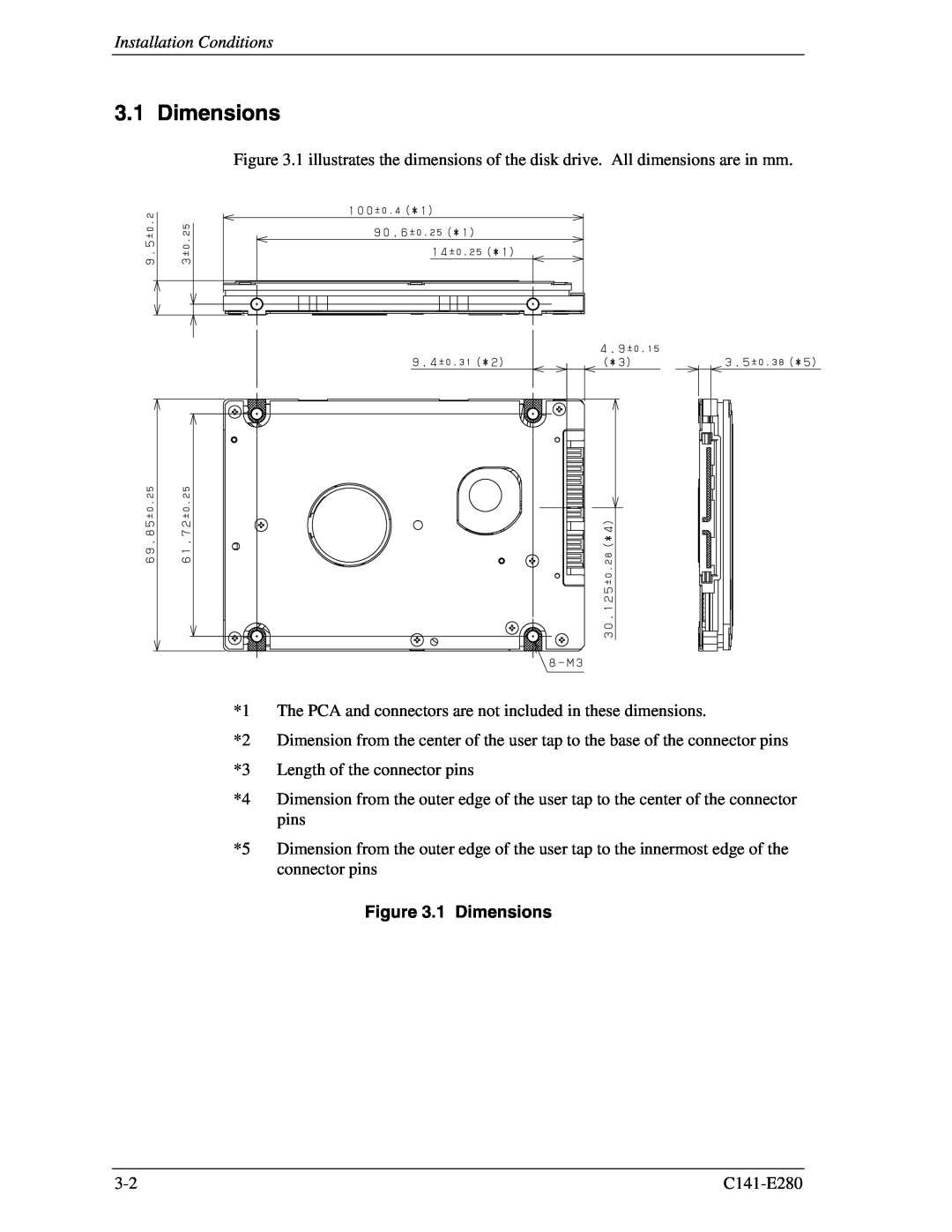 Fujitsu C141-E280 dimensions Installation Conditions, 1 Dimensions 