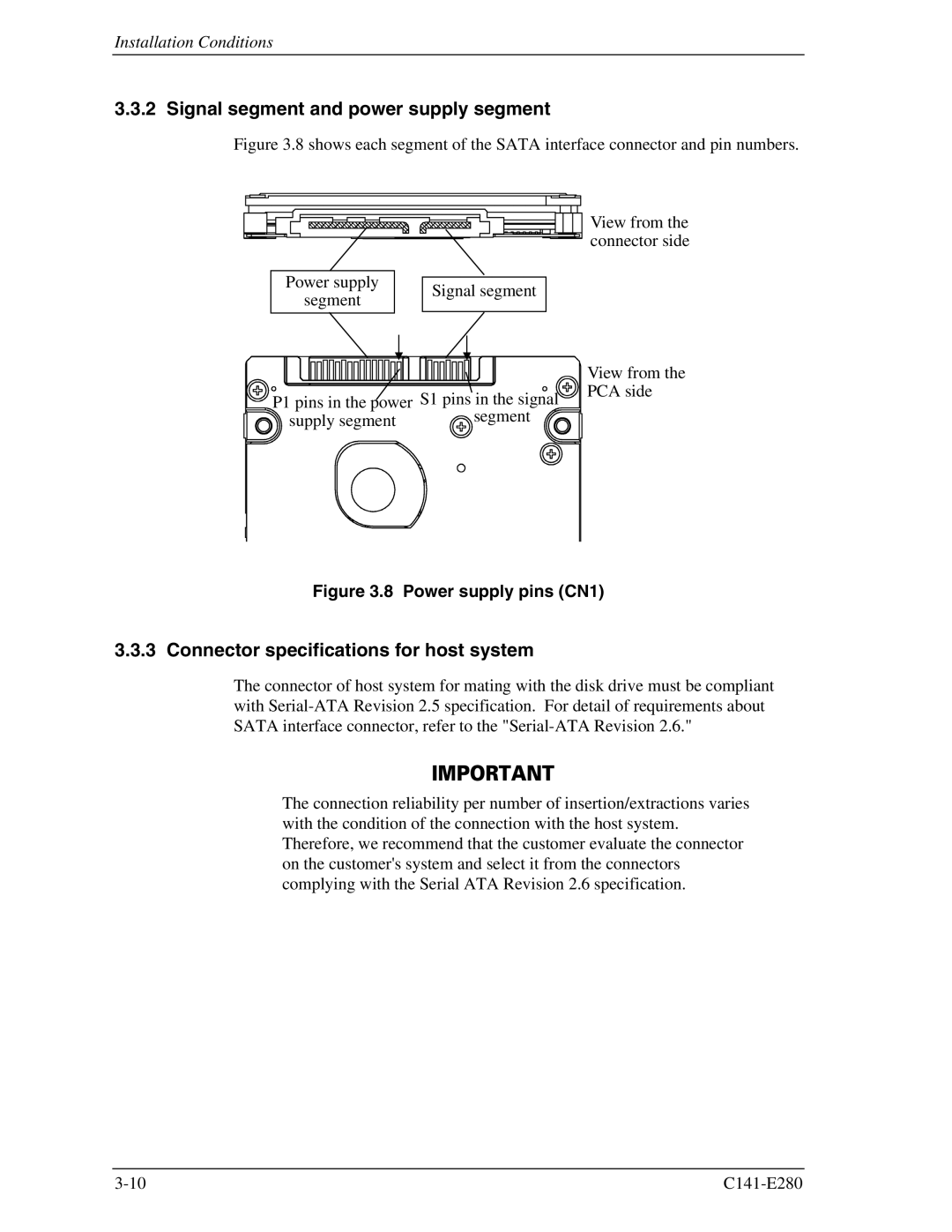 Fujitsu C141-E280 dimensions Signal segment and power supply segment, Connector specifications for host system 