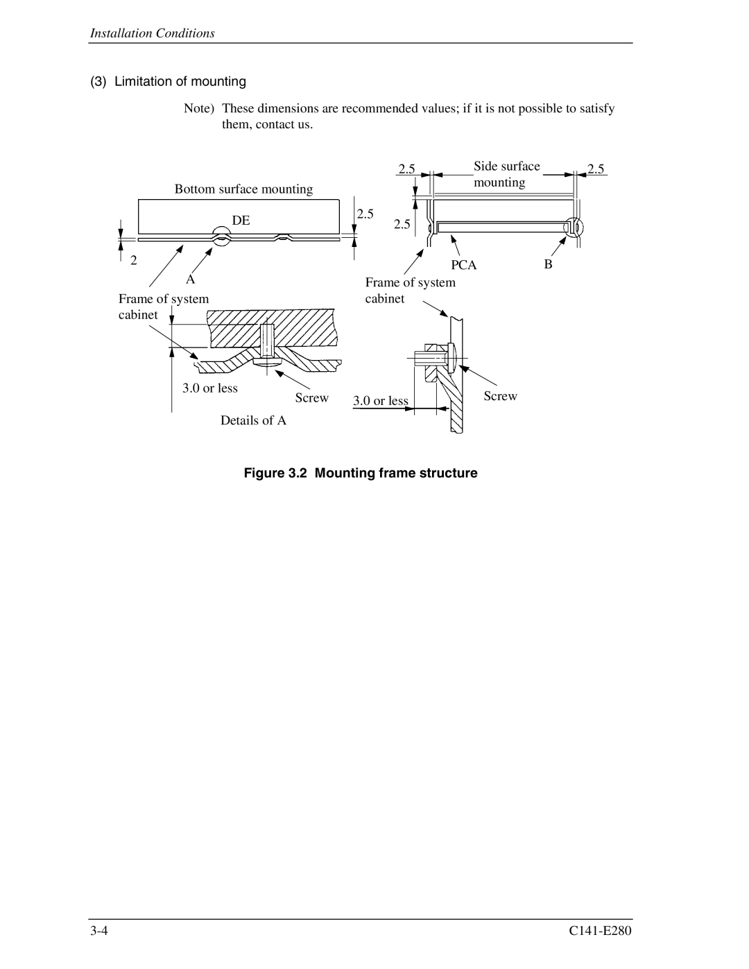 Fujitsu C141-E280 dimensions Limitation of mounting, Mounting frame structure 