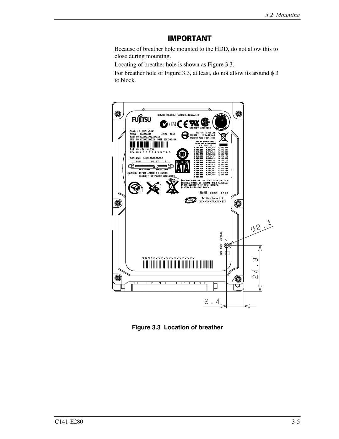 Fujitsu C141-E280 dimensions Location of breather 