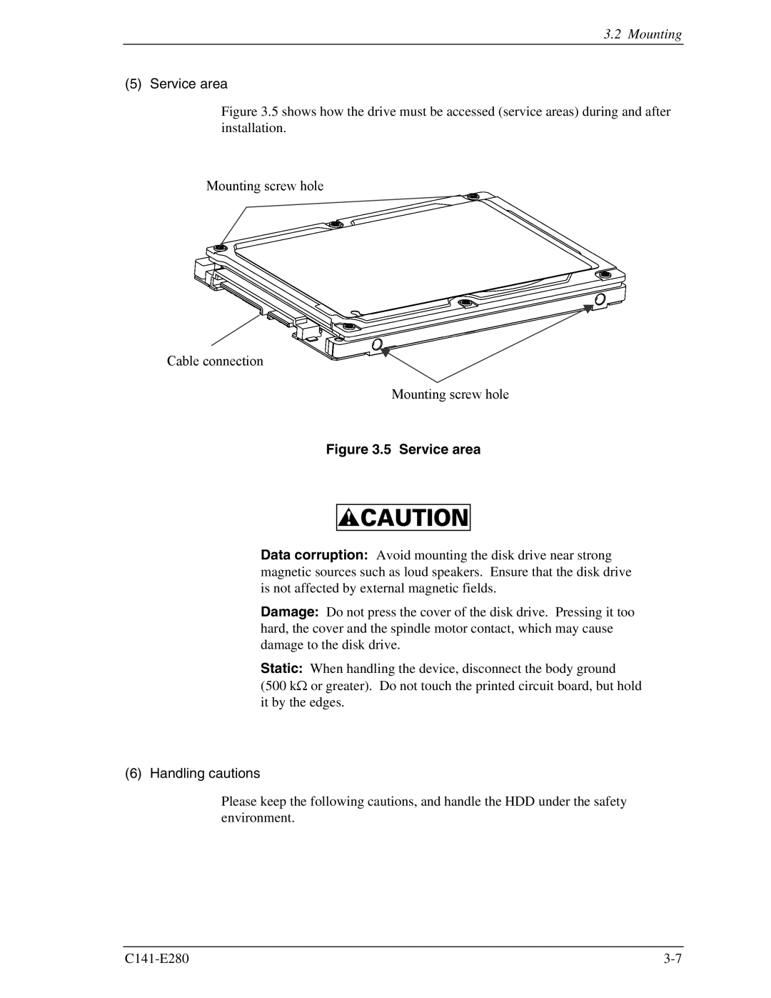 Fujitsu C141-E280 dimensions Service area, Handling cautions 