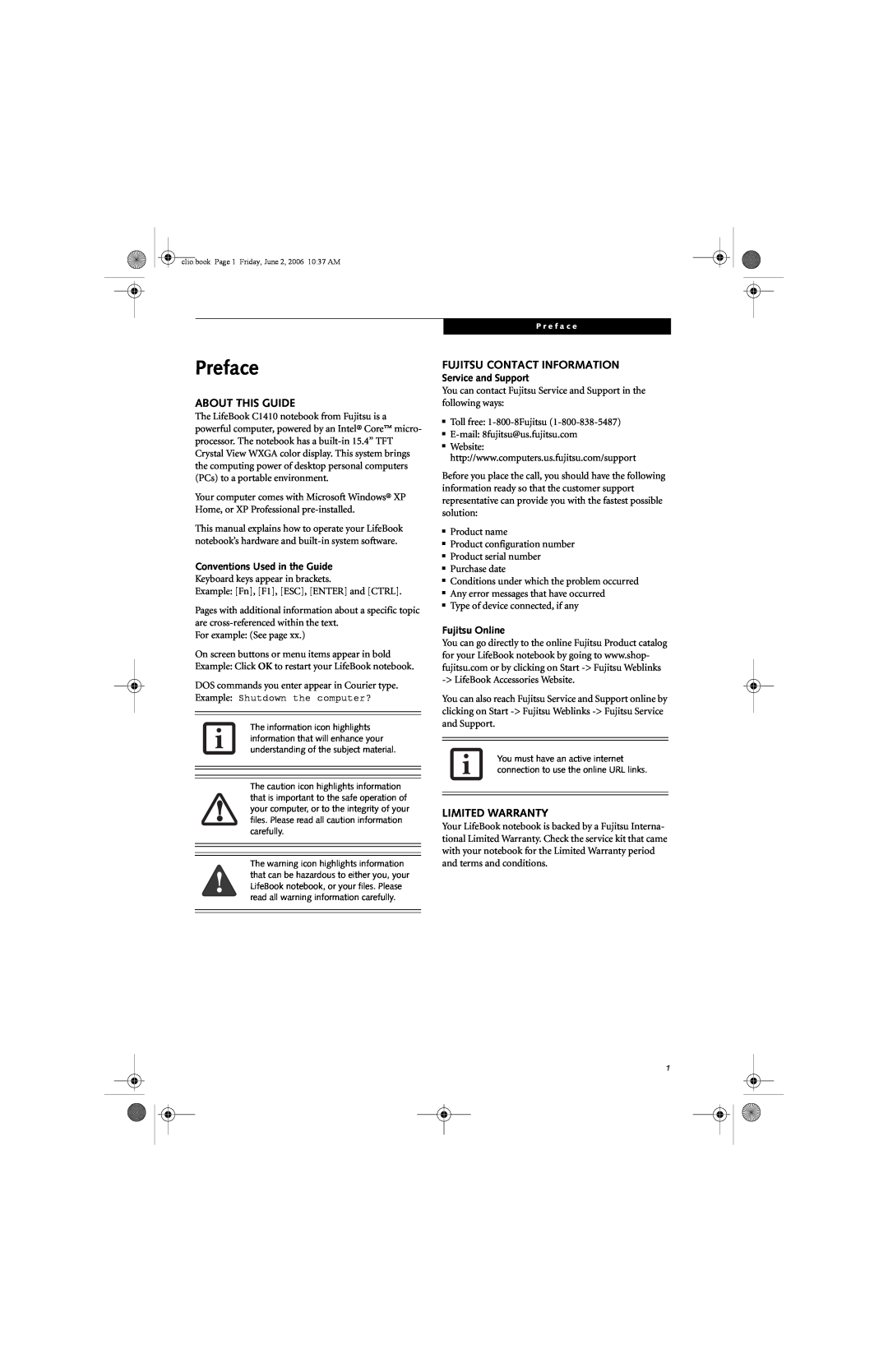 Fujitsu C1410 Preface, About This Guide, Fujitsu Contact Information, Limited Warranty, Conventions Used in the Guide 