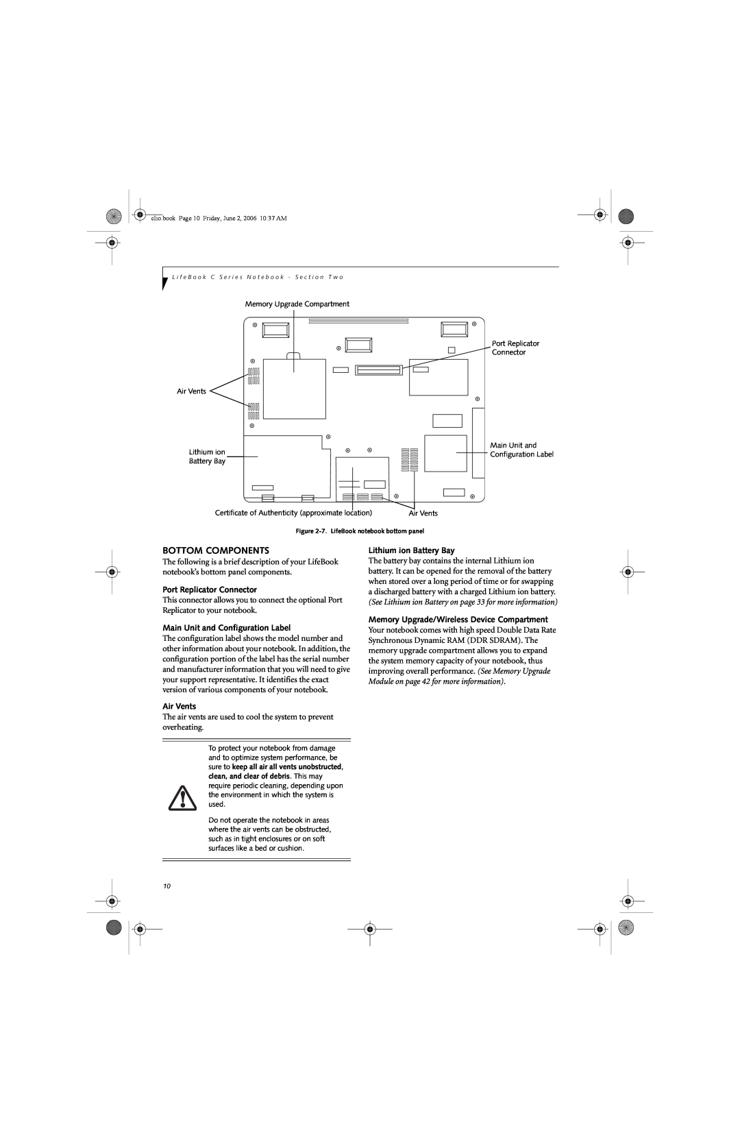 Fujitsu C1410 manual Bottom Components, Port Replicator Connector, Main Unit and Configuration Label, Air Vents 