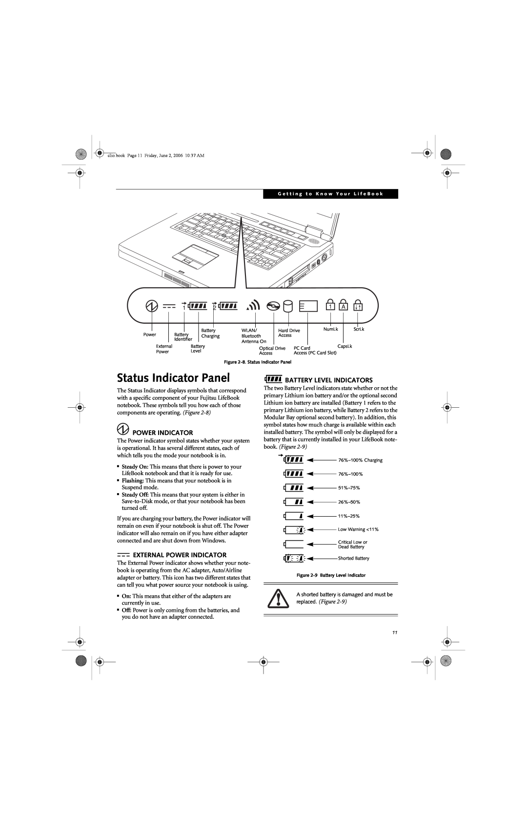 Fujitsu C1410 manual Status Indicator Panel, Battery Level Indicators, External Power Indicator, replaced. Figure 