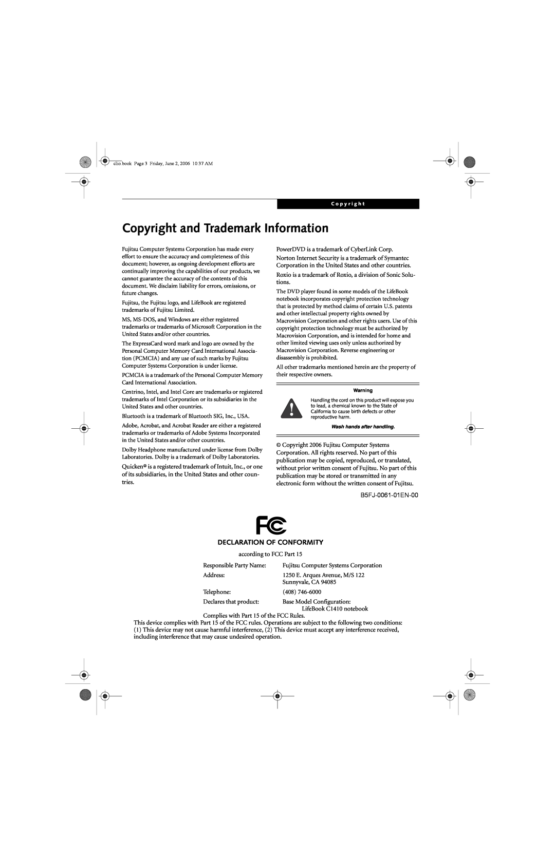 Fujitsu C1410 manual Copyright and Trademark Information, Declaration Of Conformity 