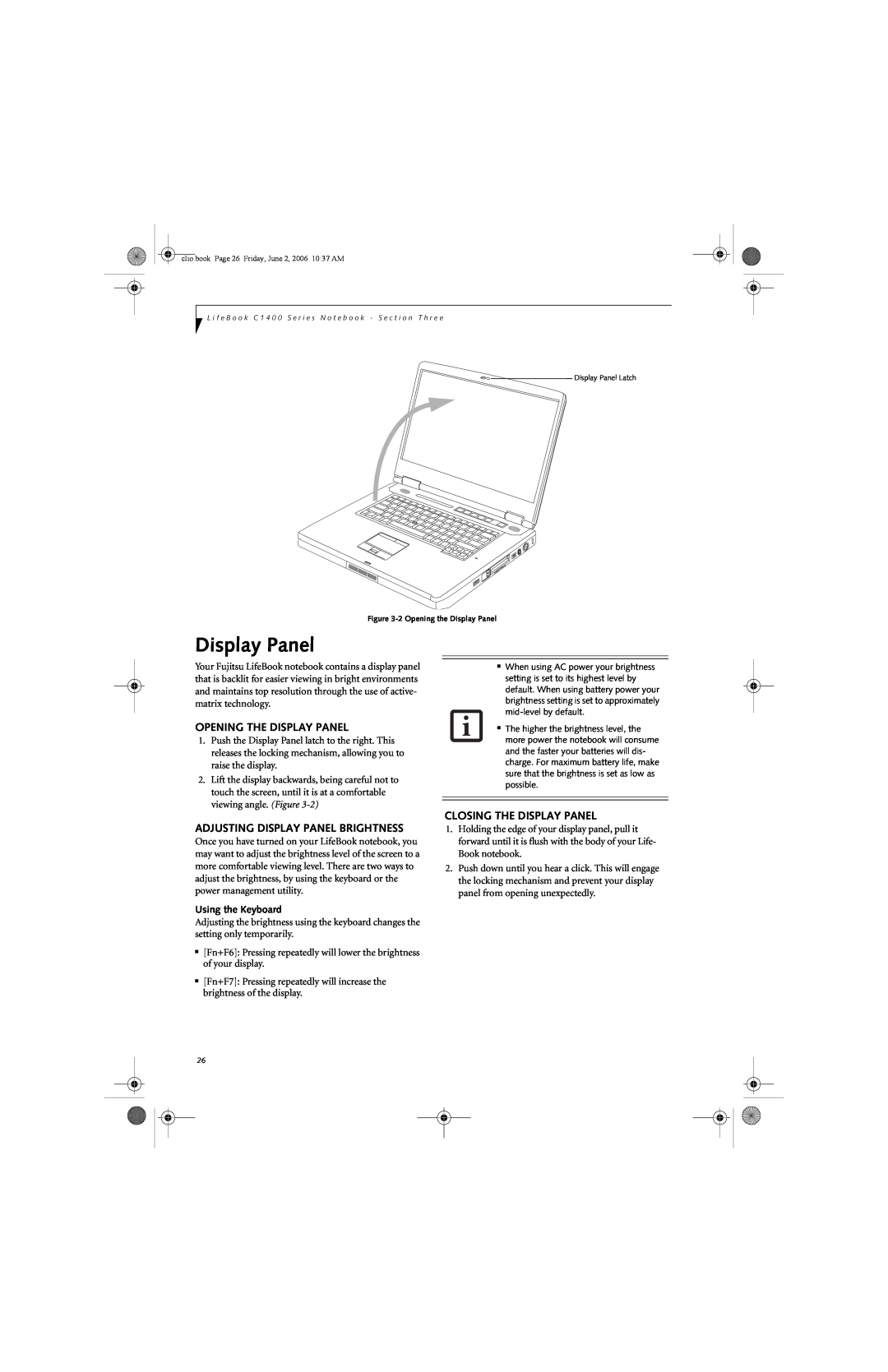 Fujitsu C1410 manual Opening The Display Panel, Adjusting Display Panel Brightness, Closing The Display Panel 