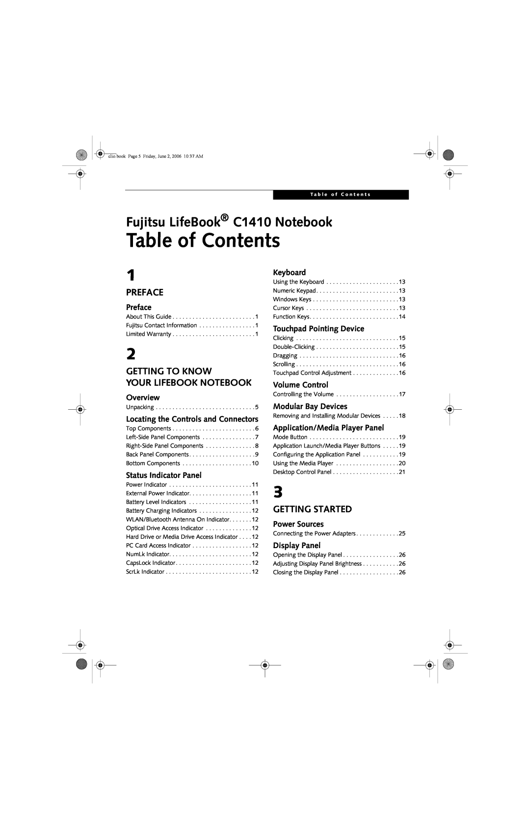 Fujitsu C1410 manual Table of Contents, Preface, Getting To Know Your Lifebook Notebook, Getting Started 