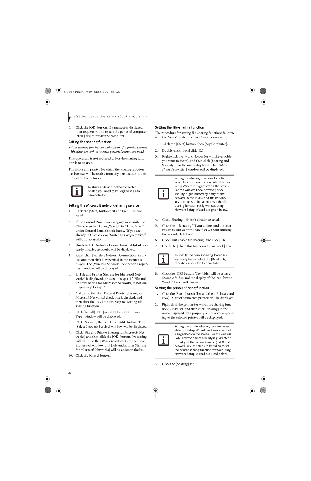 Fujitsu C1410 manual Setting the sharing function, Setting the Microsoft network-sharing service, Click the Sharing tab 