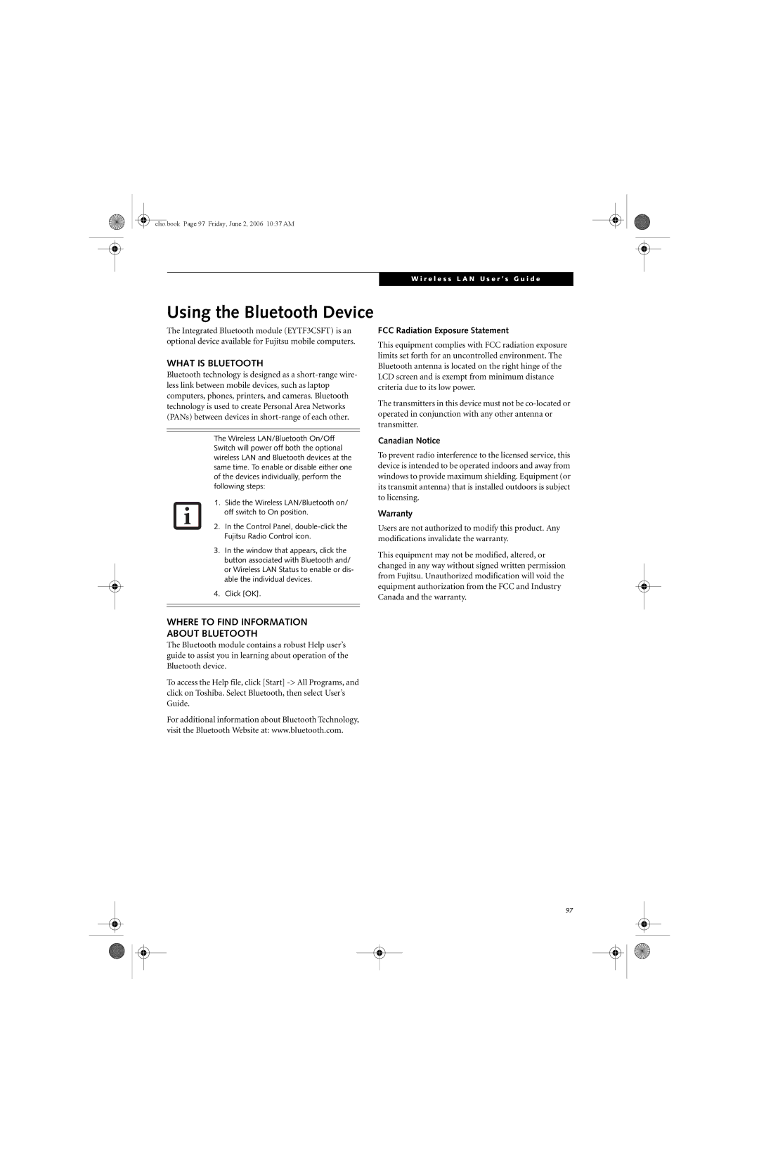 Fujitsu C1410 manual Using the Bluetooth Device, What is Bluetooth, Where to Find Information About Bluetooth, Warranty 