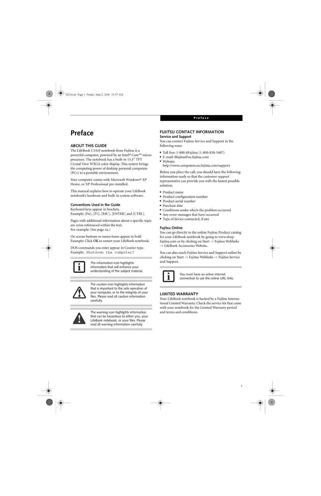 Fujitsu C1410 manual Preface, About this Guide, Fujitsu Contact Information, Limited Warranty 