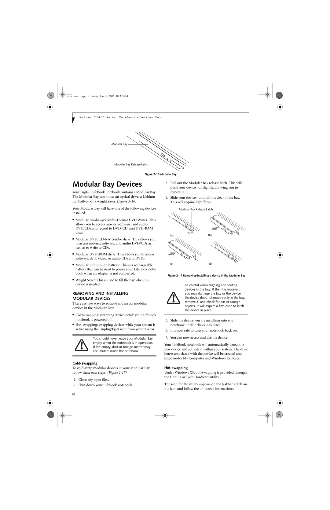 Fujitsu C1410 manual Modular Bay Devices, Removing and Installing Modular Devices, Cold-swapping, Hot-swapping 