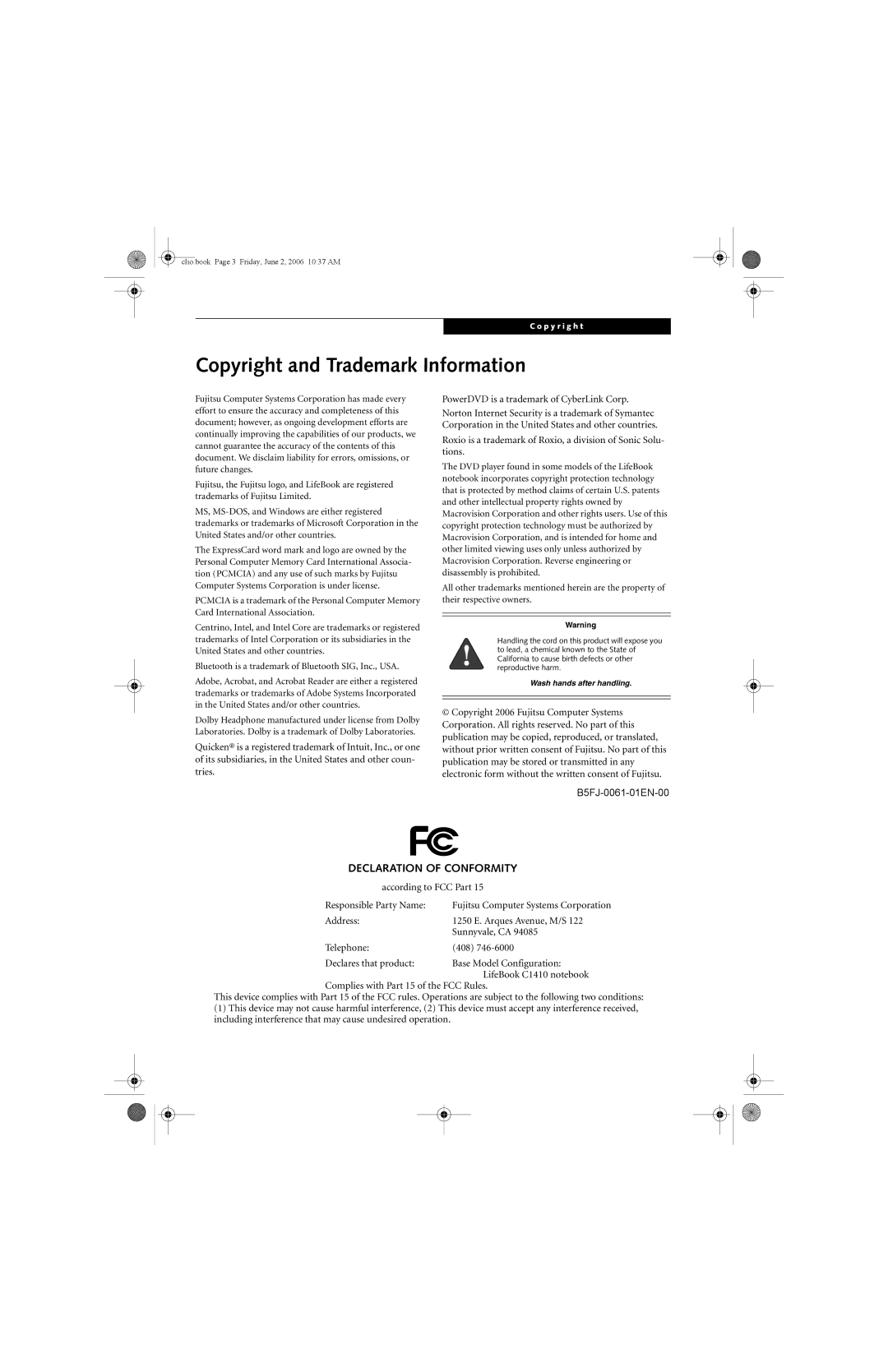 Fujitsu C1410 Copyright and Trademark Information, Declaration of Conformity, According to FCC Part Responsible Party Name 