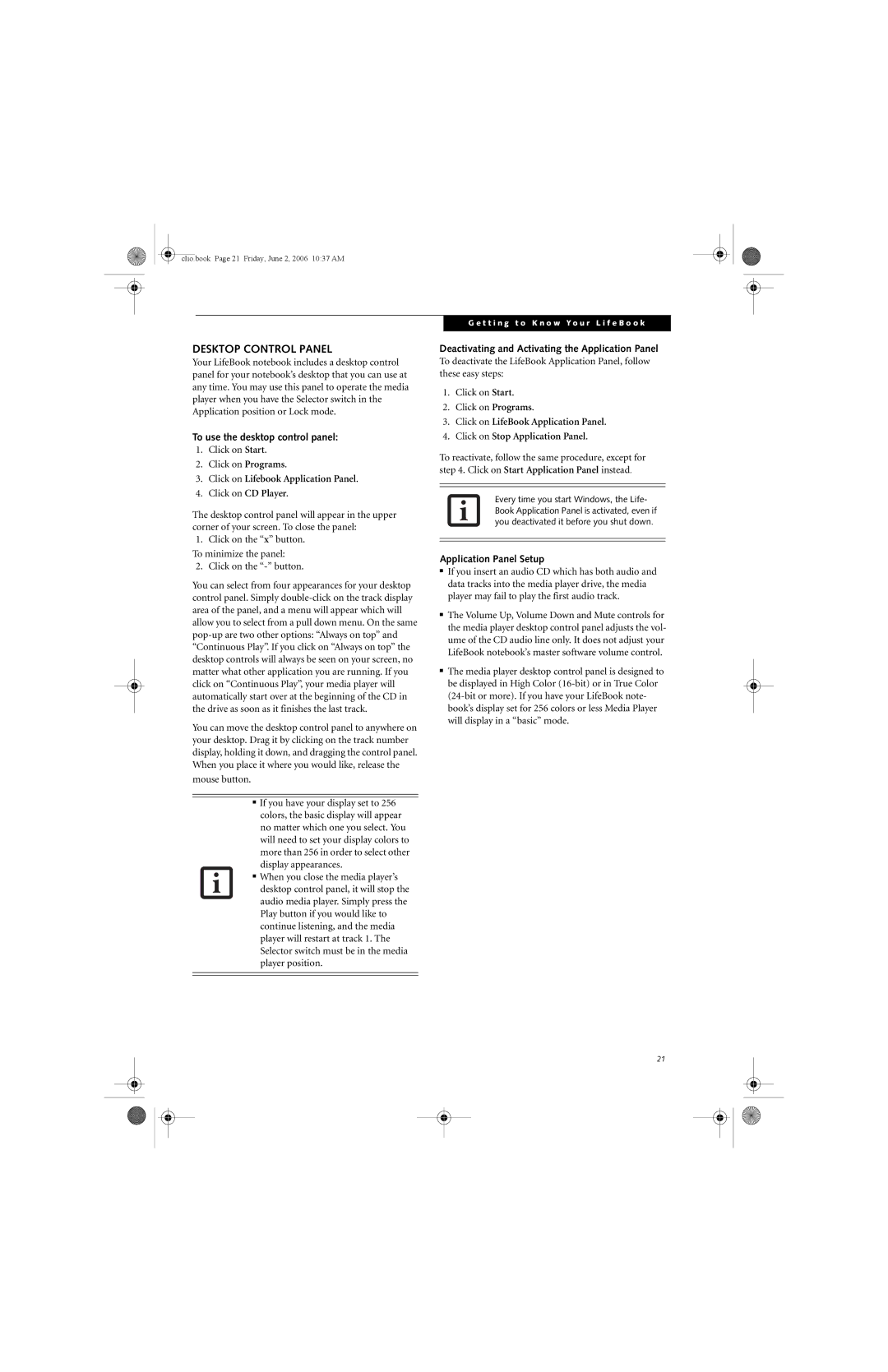 Fujitsu C1410 manual Desktop Control Panel, To use the desktop control panel, Click on Lifebook Application Panel 