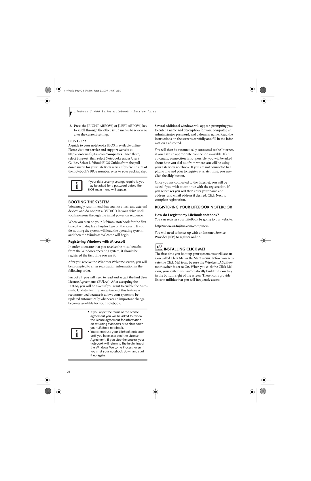 Fujitsu C1410 manual Booting the System, Registering Your Lifebook Notebook, Bios Guide, Registering Windows with Microsoft 