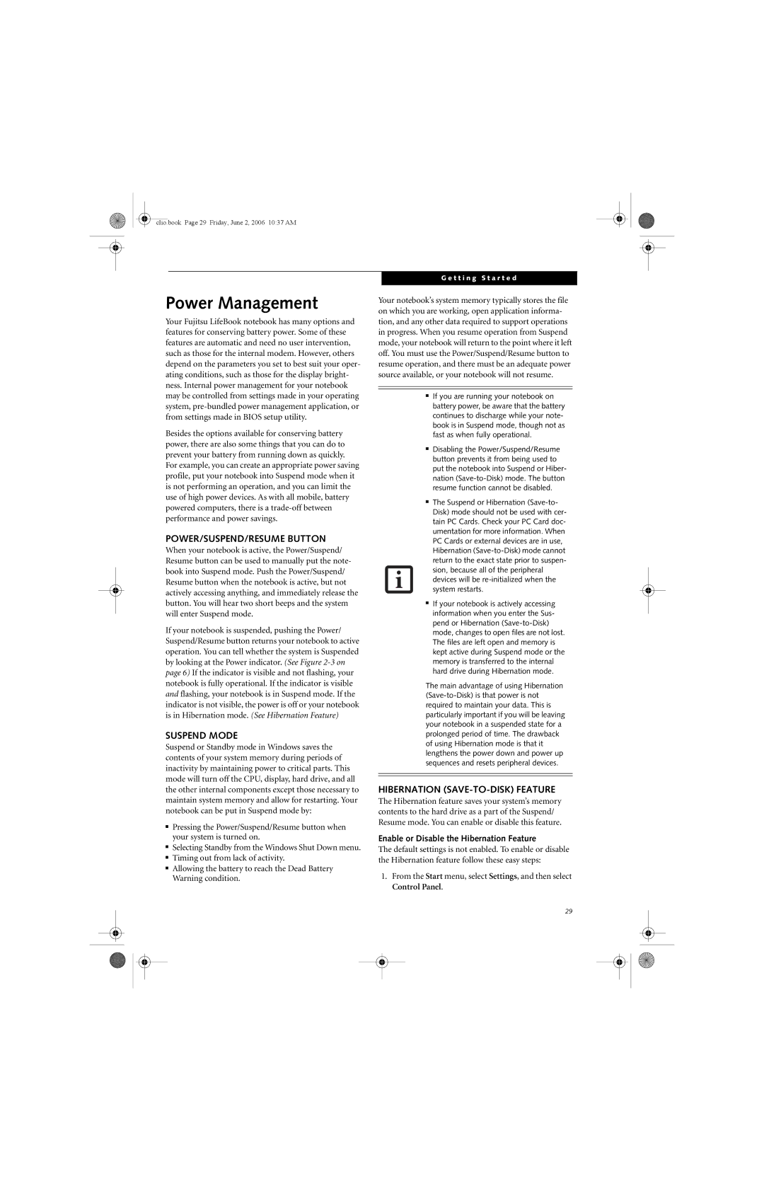 Fujitsu C1410 manual Power Management, POWER/SUSPEND/RESUME Button, Suspend Mode, Hibernation SAVE-TO-DISK Feature 