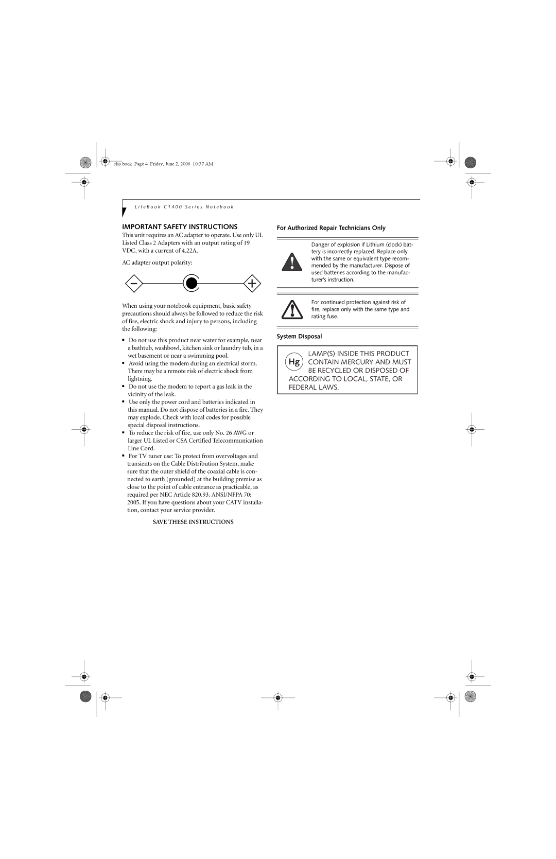 Fujitsu C1410 manual Important Safety Instructions, For Authorized Repair Technicians Only, System Disposal 