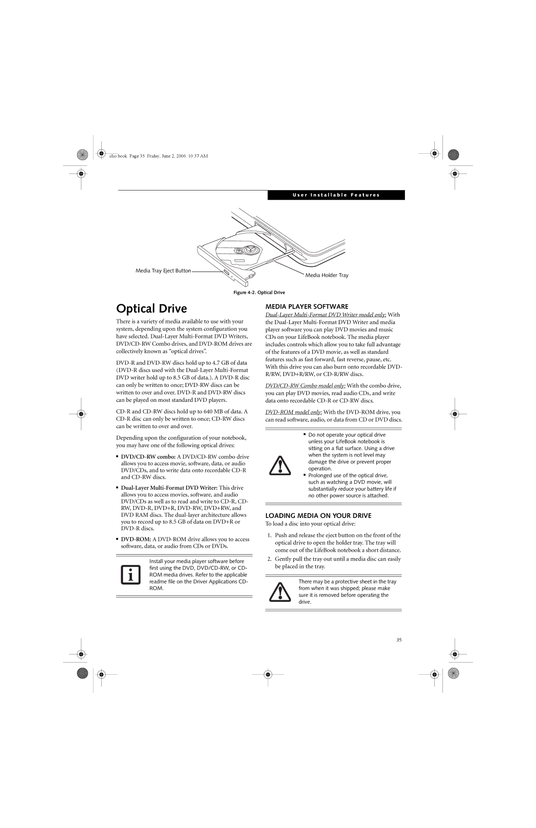 Fujitsu C1410 manual Optical Drive, Media Player Software, Loading Media on Your Drive 