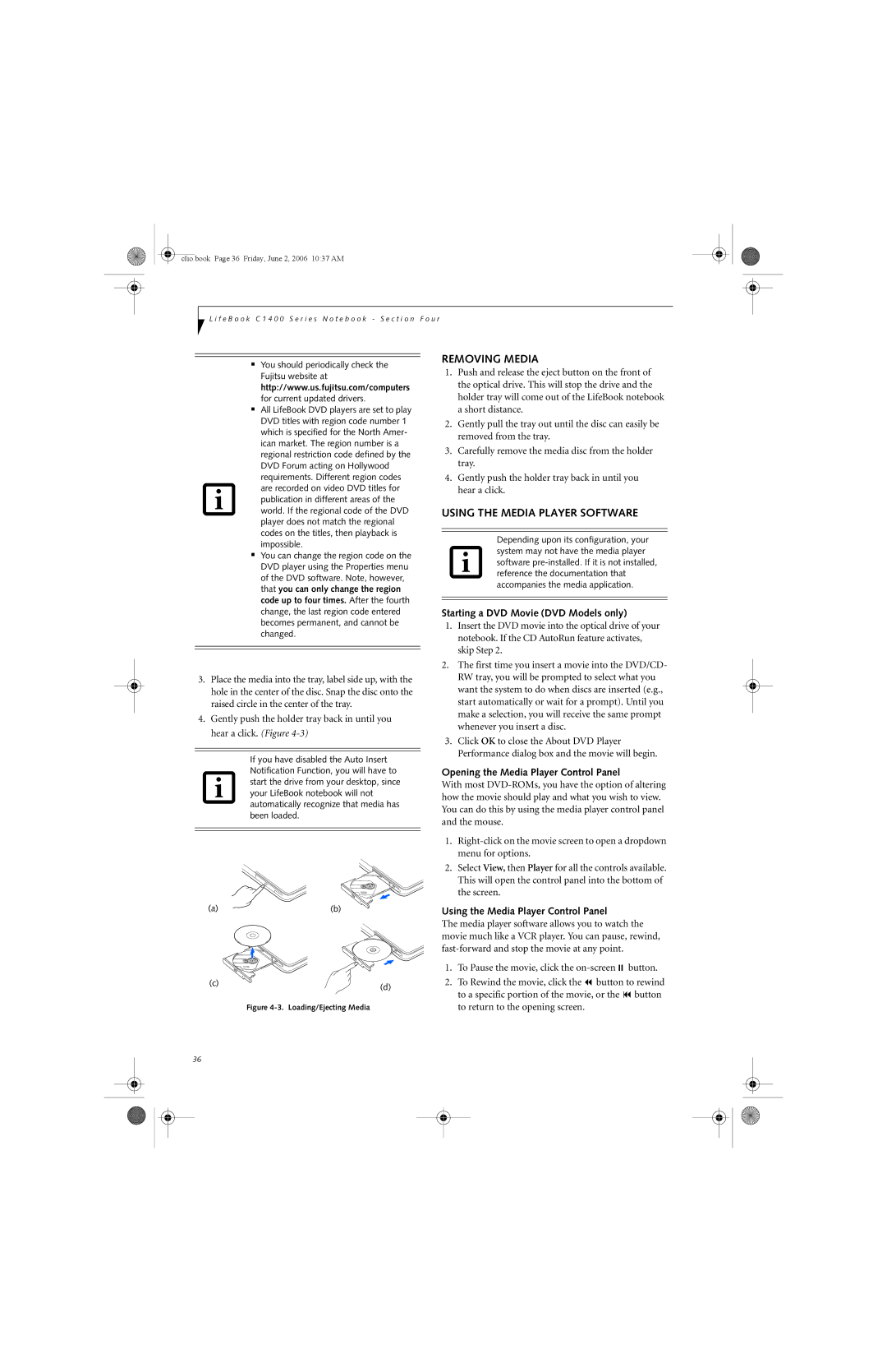 Fujitsu C1410 manual Removing Media, Using the Media Player Software, Starting a DVD Movie DVD Models only 