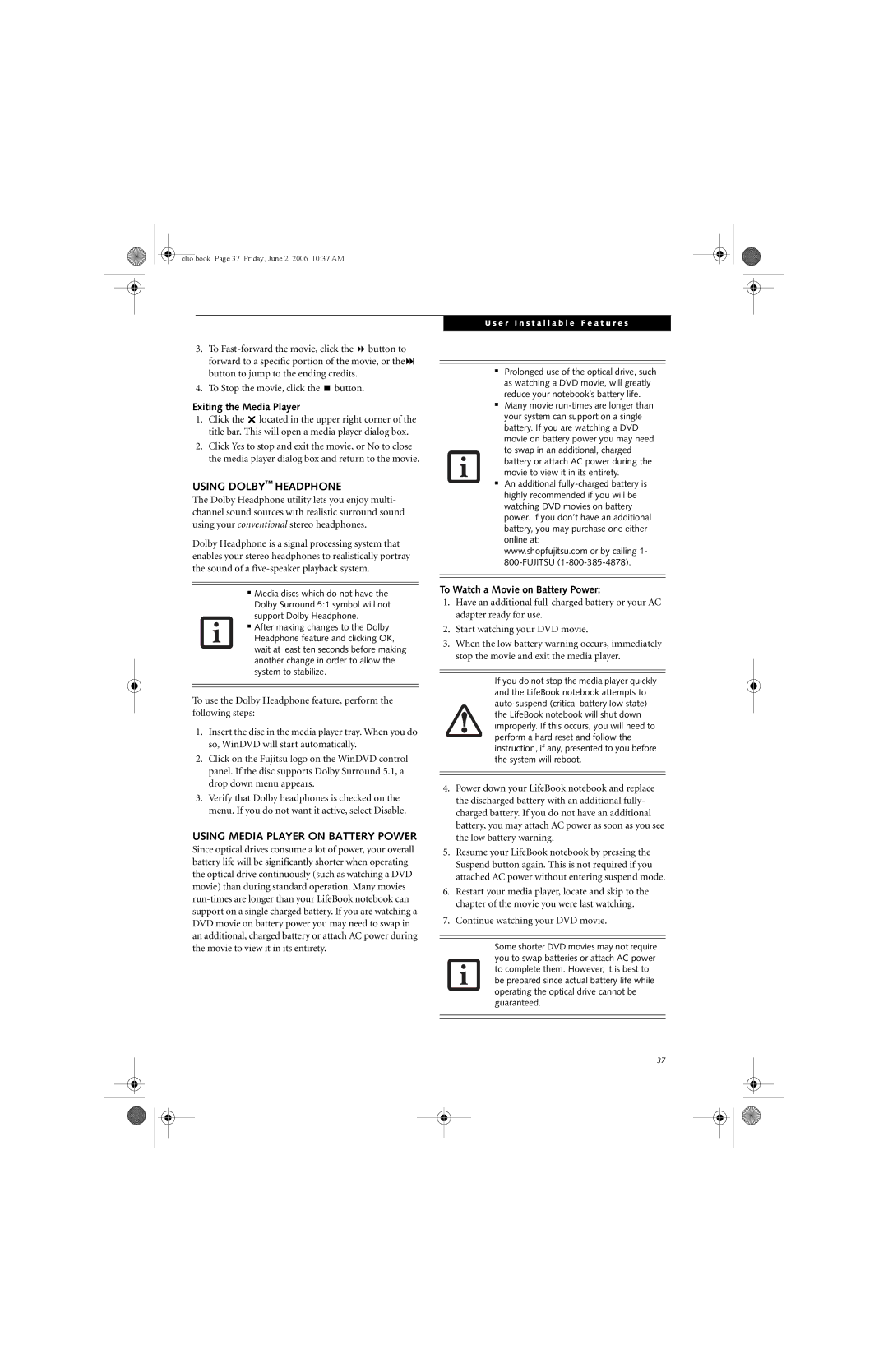 Fujitsu C1410 manual Using Dolby Headphone, Using Media Player on Battery Power, Exiting the Media Player 