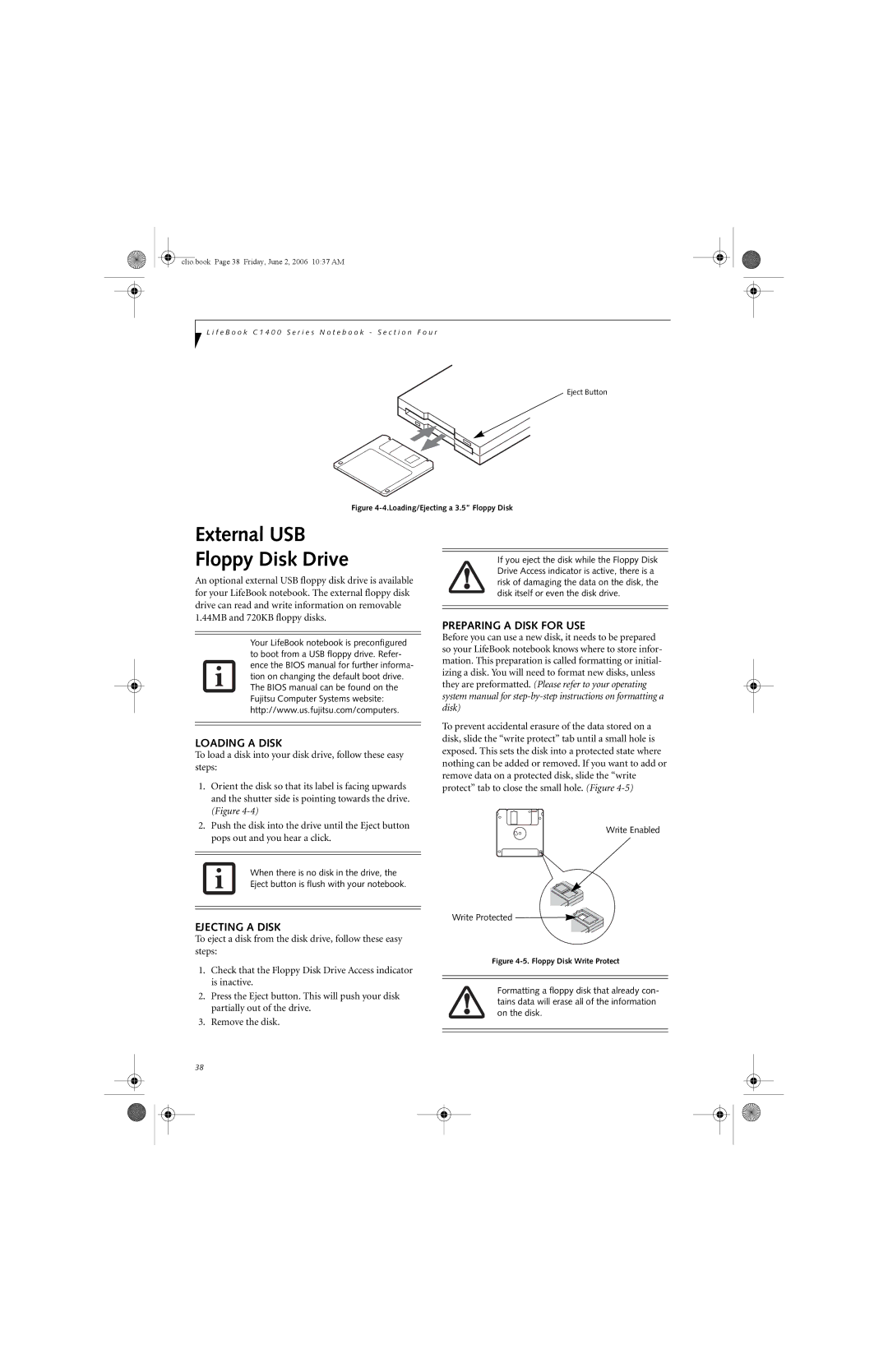 Fujitsu C1410 manual External USB Floppy Disk Drive, Loading a Disk, Preparing a Disk for USE, Ejecting a Disk 