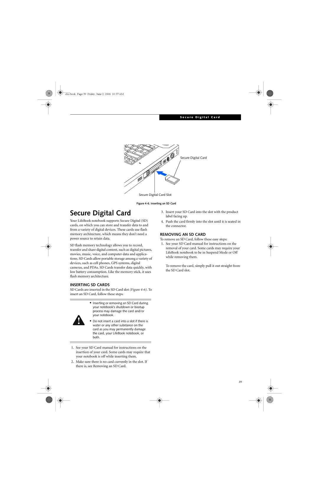 Fujitsu C1410 manual Secure Digital Card, Removing AN SD Card, Inserting SD Cards 