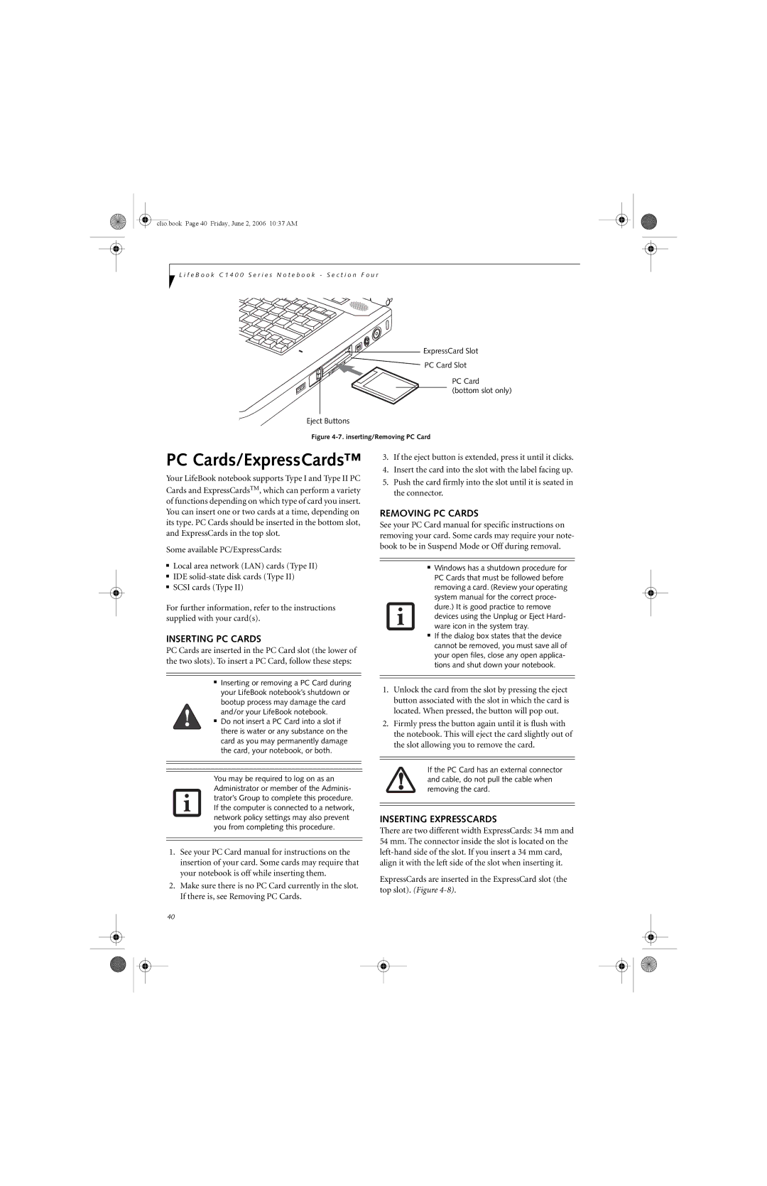 Fujitsu C1410 manual Inserting PC Cards, Removing PC Cards, Inserting Expresscards 