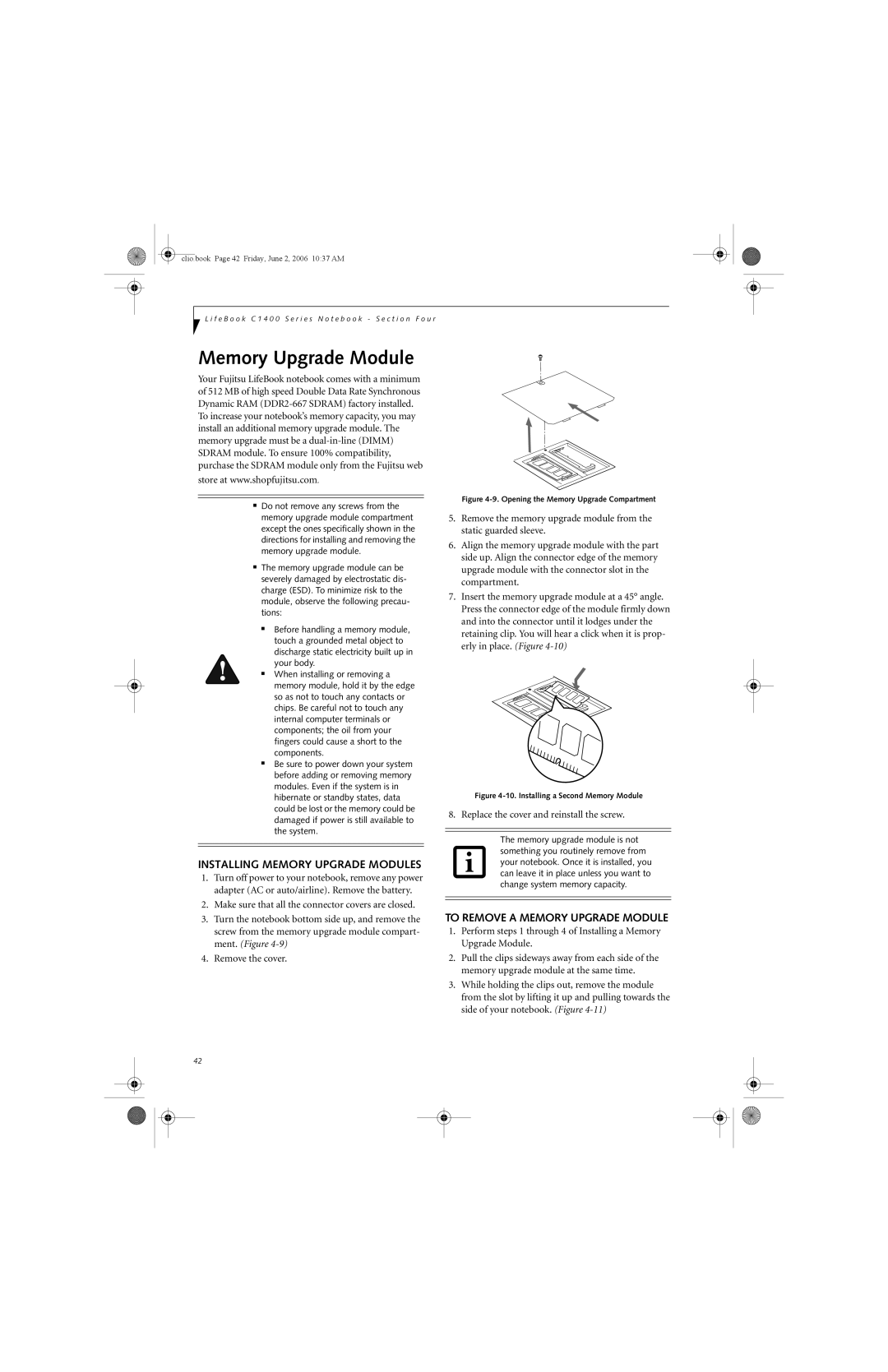Fujitsu C1410 manual Installing Memory Upgrade Modules, To Remove a Memory Upgrade Module 